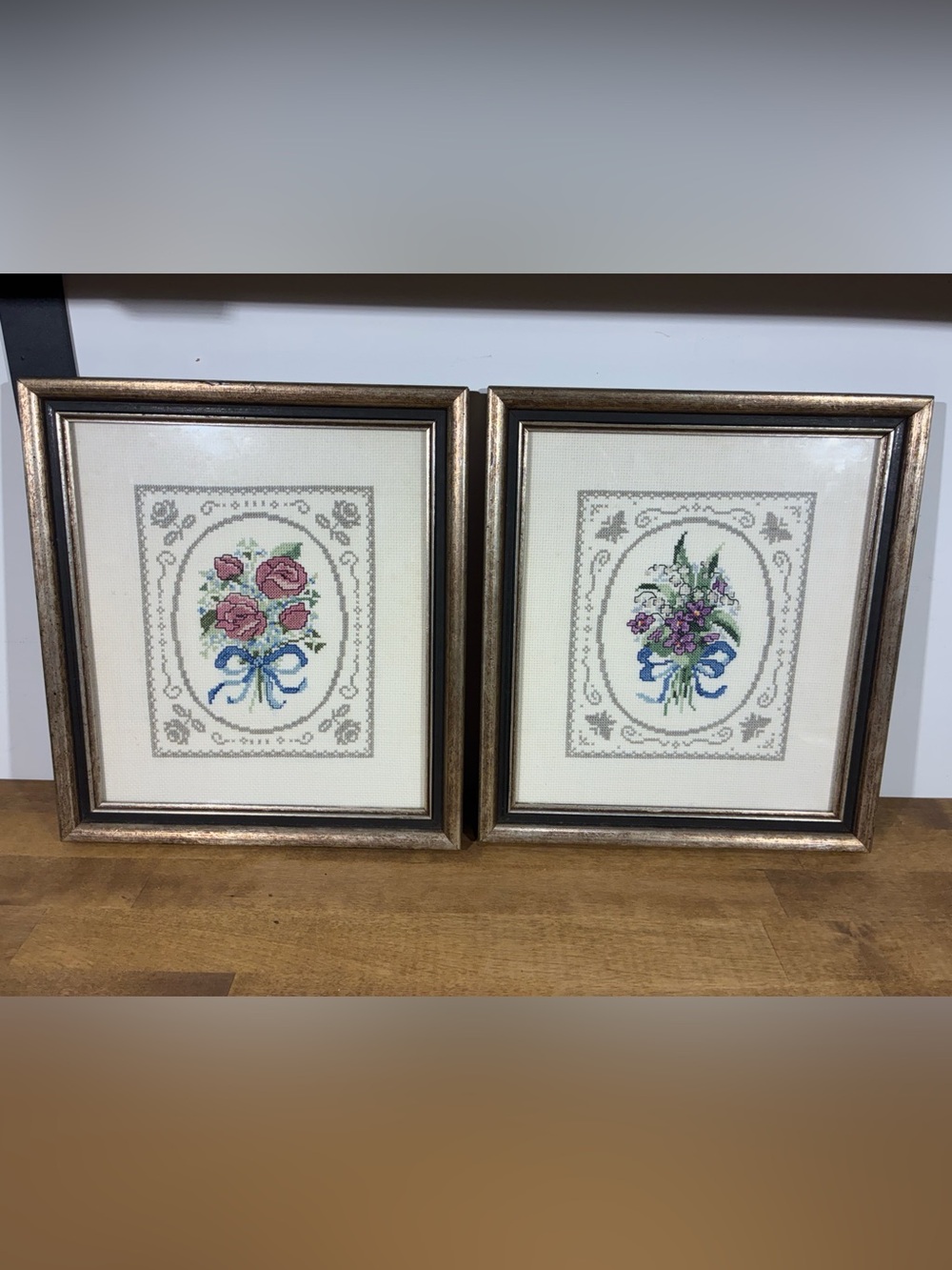 Vintage Handmade Floral Cross Stitch Pair Framed Roses Cottagecore Granny Chic